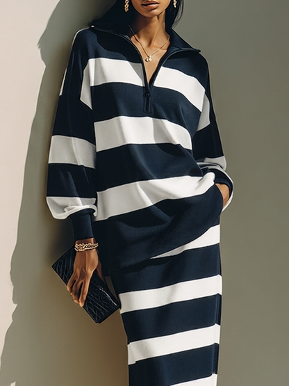 Diletta | Gestreiftes Set mit Half-Zip-Oberteil und Midirock