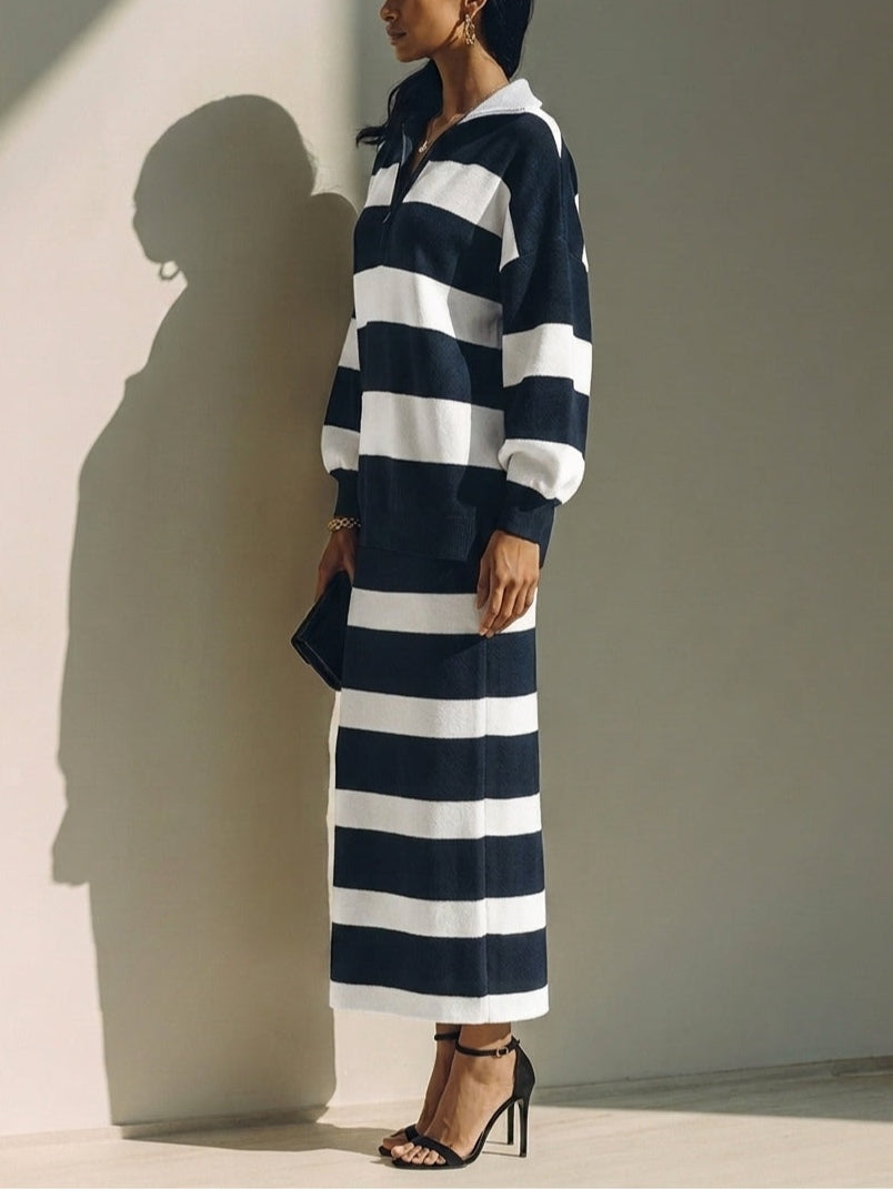 Diletta | Gestreiftes Set mit Half-Zip-Oberteil und Midirock