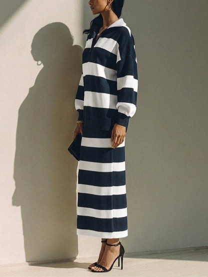 Diletta | Gestreiftes Set mit Half-Zip-Oberteil und Midirock