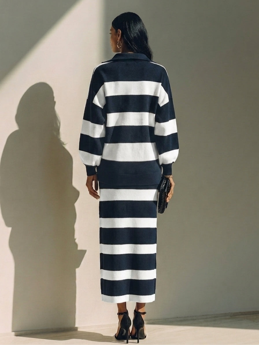 Diletta | Gestreiftes Set mit Half-Zip-Oberteil und Midirock