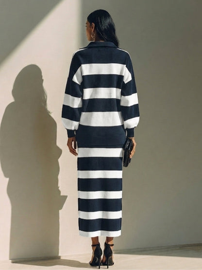 Diletta | Gestreiftes Set mit Half-Zip-Oberteil und Midirock