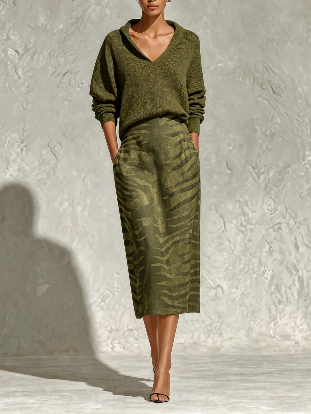 Marcella | Completo con Maglia con Colletto e Gonna Midi Zebrata