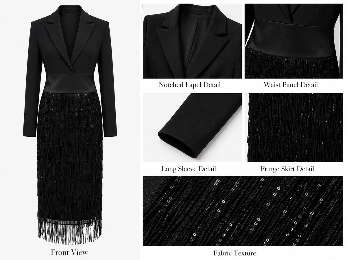 Loredana | Vestito midi con corpo tipo blazer, paillettes e frange in nero