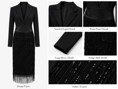 Loredana | Vestito midi con corpo tipo blazer, paillettes e frange in nero