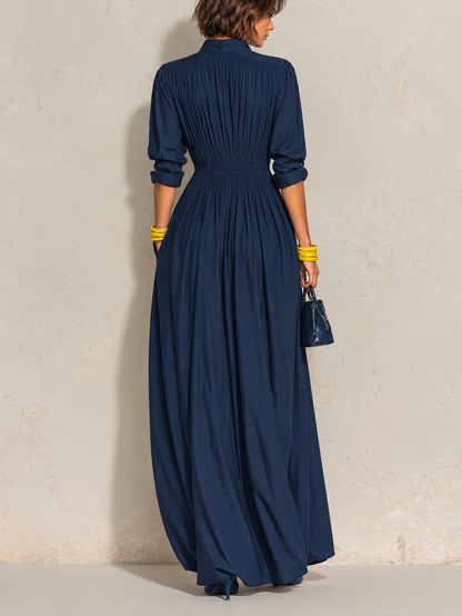 Daniela | Vestito lungo plissettato blu navy con scollo a V