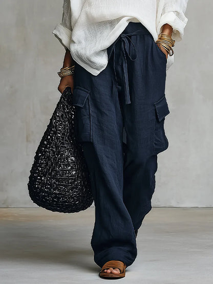 Completo Due Pezzi con Blusa in Lino Bianca e Pantalone a Gamba Larga Blu Navy