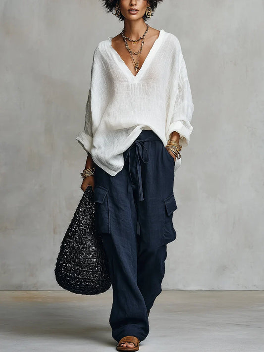 Completo Due Pezzi con Blusa in Lino Bianca e Pantalone a Gamba Larga Blu Navy