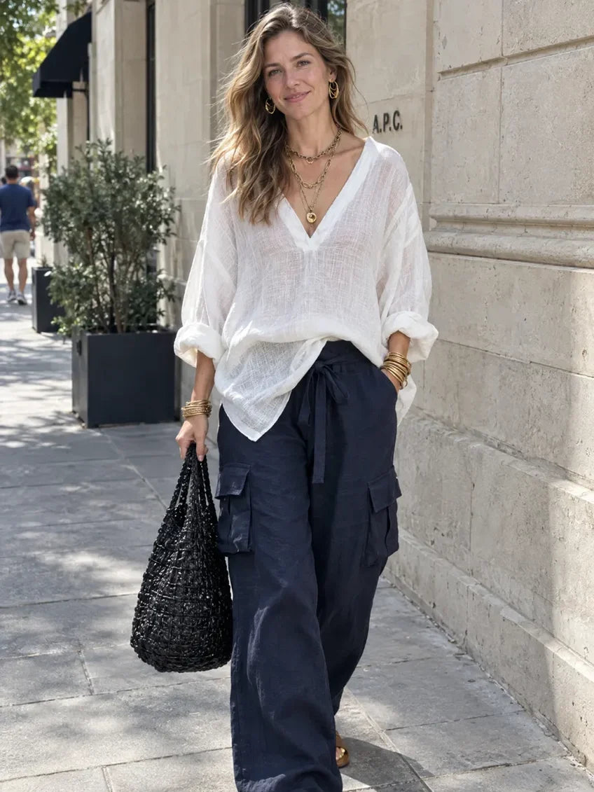Completo Due Pezzi con Blusa in Lino Bianca e Pantalone a Gamba Larga Blu Navy