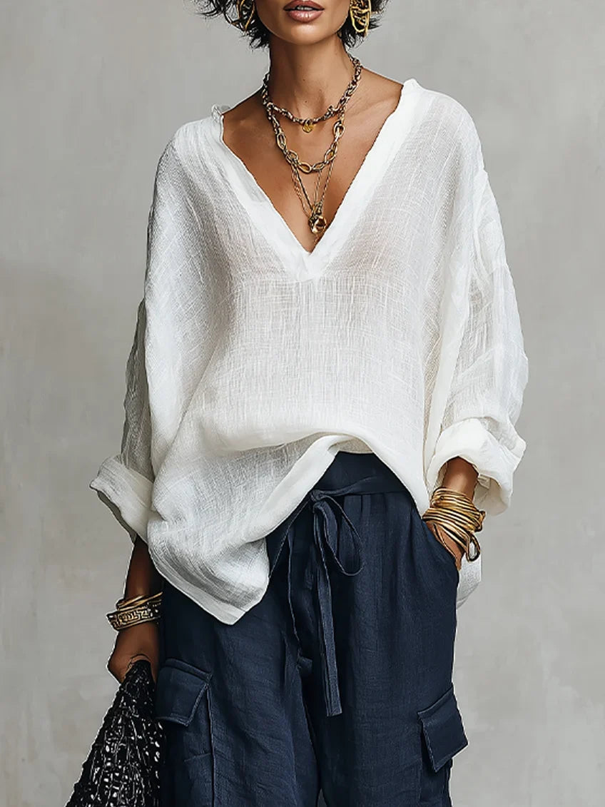 Completo Due Pezzi con Blusa in Lino Bianca e Pantalone a Gamba Larga Blu Navy