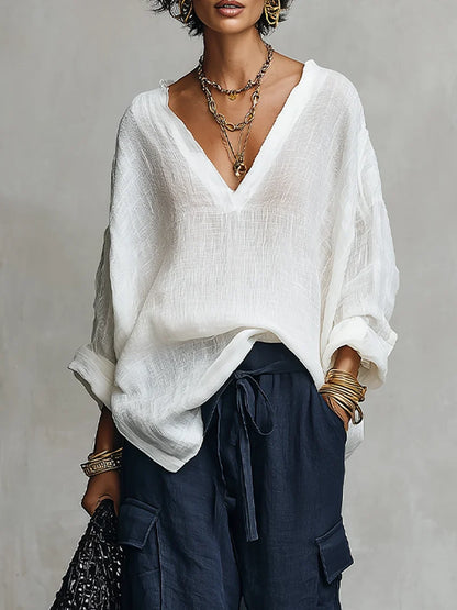 Completo Due Pezzi con Blusa in Lino Bianca e Pantalone a Gamba Larga Blu Navy