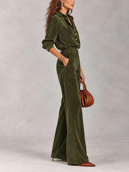 Savina | Completo Camicia e Pantalone in Velluto a Coste con Dettagli in Pizzo, Verde Oliva