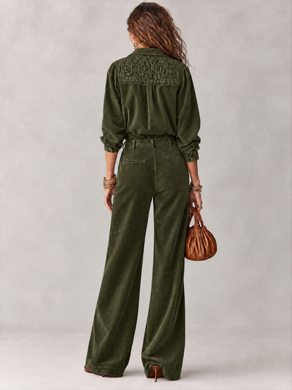 Savina | Completo Camicia e Pantalone in Velluto a Coste con Dettagli in Pizzo, Verde Oliva
