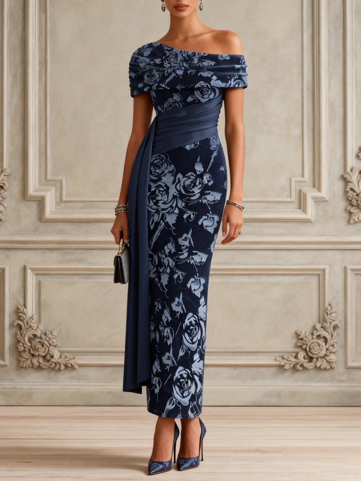 Fioralba | Abito Lungo a Tubino in Velluto Floreale Blu Navy con Spalla Asimmetrica e Fascia in Vita