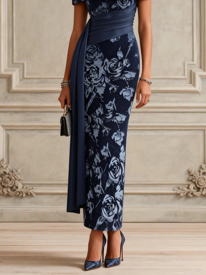 Fioralba | Abito Lungo a Tubino in Velluto Floreale Blu Navy con Spalla Asimmetrica e Fascia in Vita