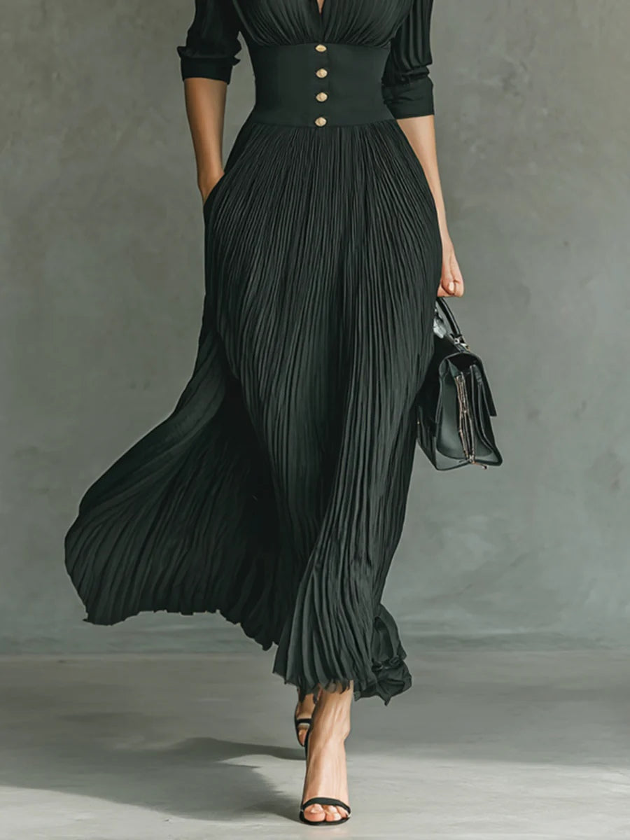 Elvia | Plissiertes Maxikleid mit Revers und hoher Taille