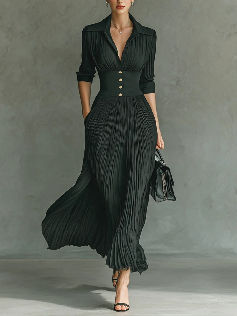 Elvia | Plissiertes Maxikleid mit Revers und hoher Taille