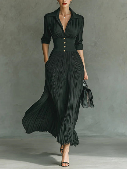 Elvia | Plissiertes Maxikleid mit Revers und hoher Taille