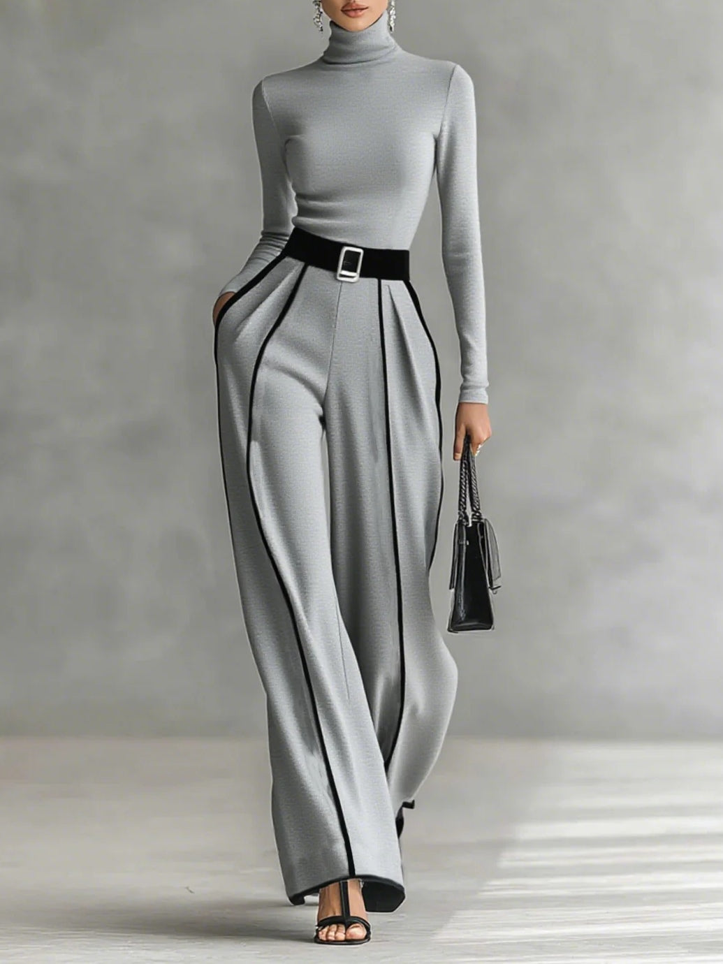 Adele | Completo Top a Collo Alto con Bordo Bianco a Contrasto, Pantaloni Ampi e Cintura