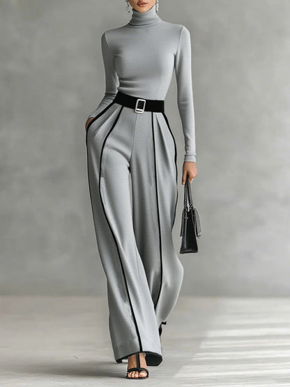 Adele | Completo Top a Collo Alto con Bordo Bianco a Contrasto, Pantaloni Ampi e Cintura