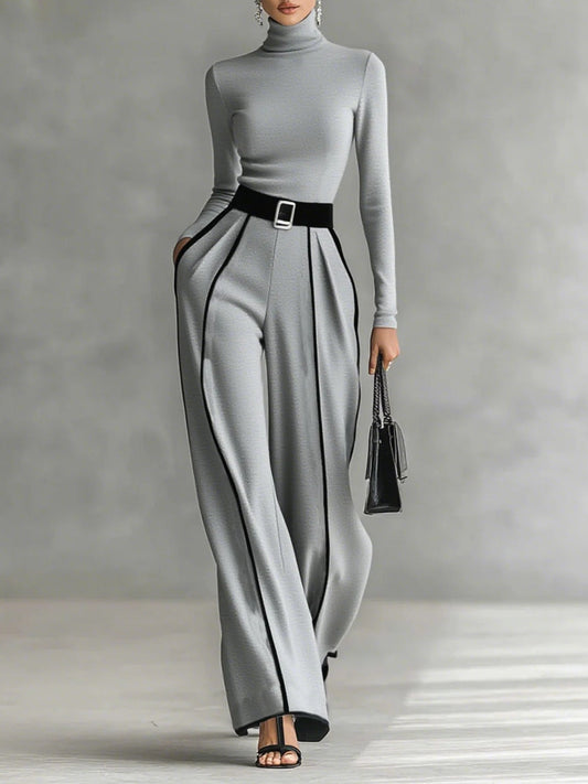Adele | Completo Top a Collo Alto con Bordo Bianco a Contrasto, Pantaloni Ampi e Cintura