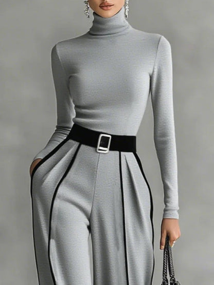 Adele | Completo Top a Collo Alto con Bordo Bianco a Contrasto, Pantaloni Ampi e Cintura