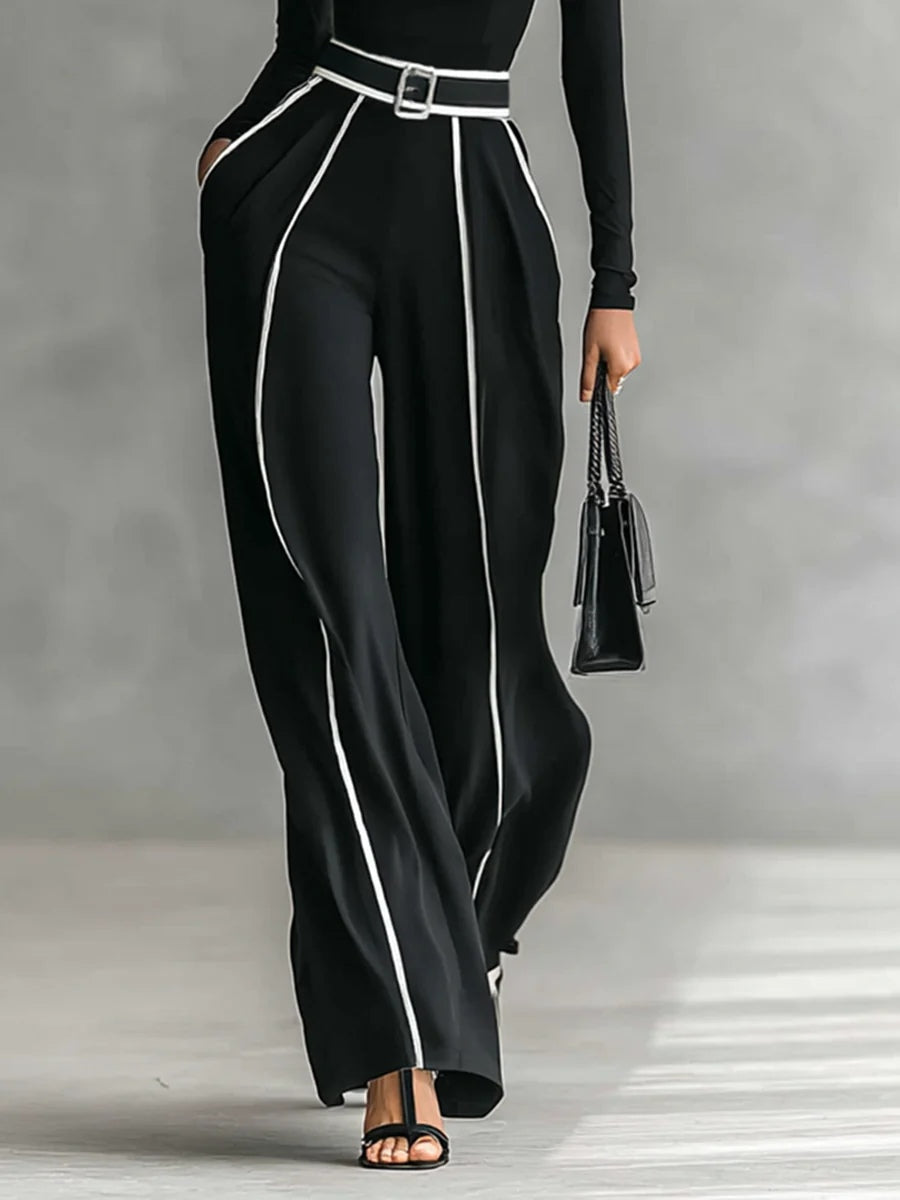 Adele | Completo Top a Collo Alto con Bordo Bianco a Contrasto, Pantaloni Ampi e Cintura