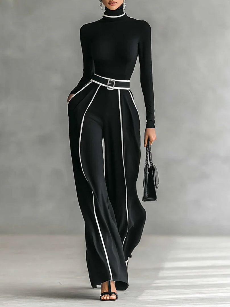 Adele | Completo Top a Collo Alto con Bordo Bianco a Contrasto, Pantaloni Ampi e Cintura