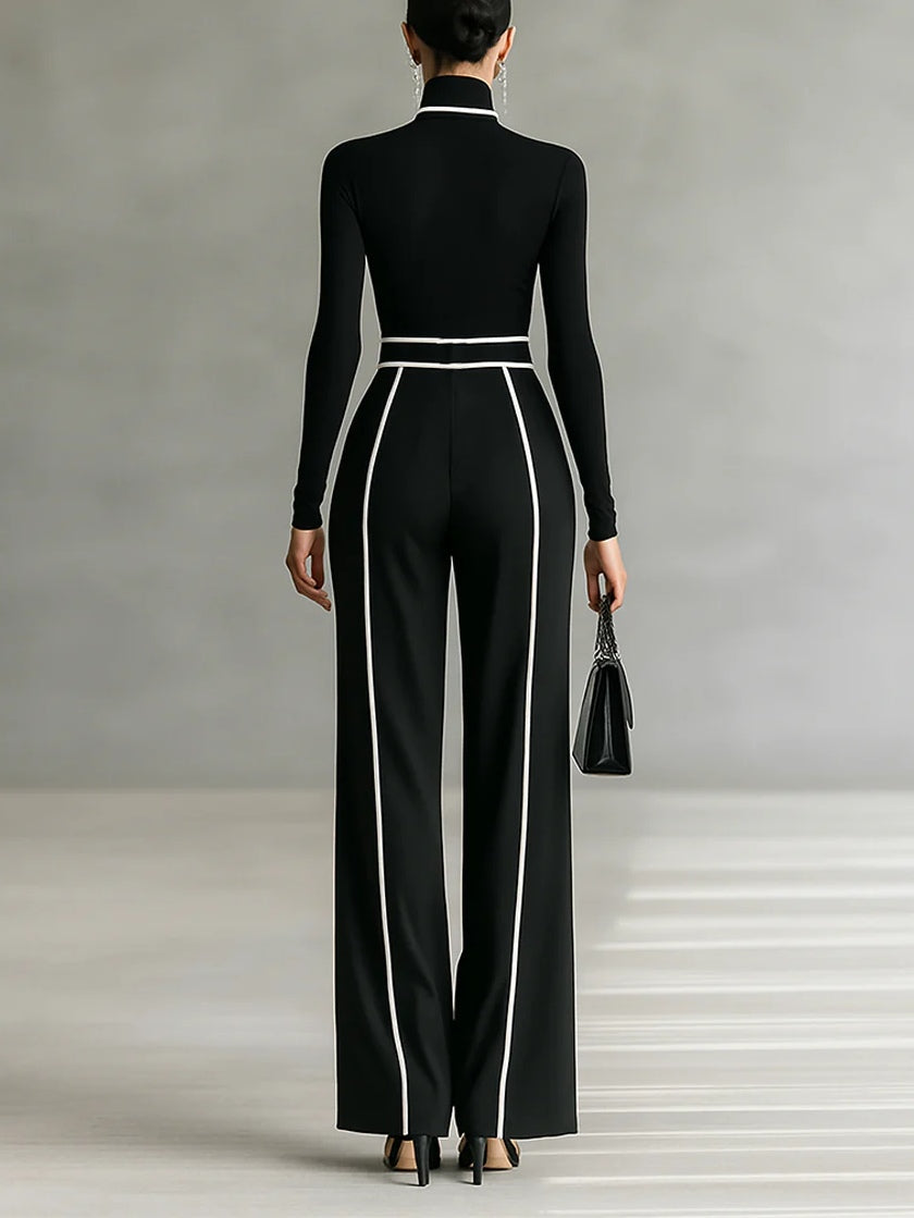 Adele | Completo Top a Collo Alto con Bordo Bianco a Contrasto, Pantaloni Ampi e Cintura