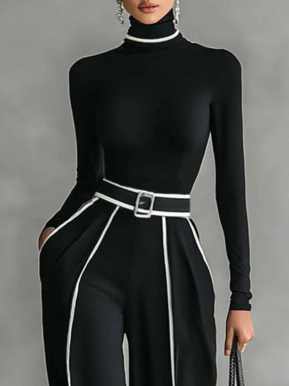 Adele | Completo Top a Collo Alto con Bordo Bianco a Contrasto, Pantaloni Ampi e Cintura