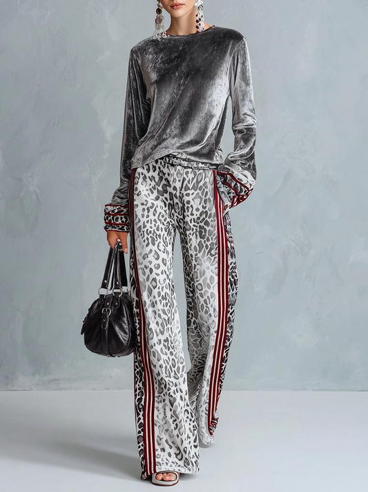 Argenta | Completo con Top in Velluto Argento e Pantalone Ampio Leopardato