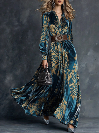 Barbara | Abito Maxi con Stampa Barocca Verde Petrolio e Oro