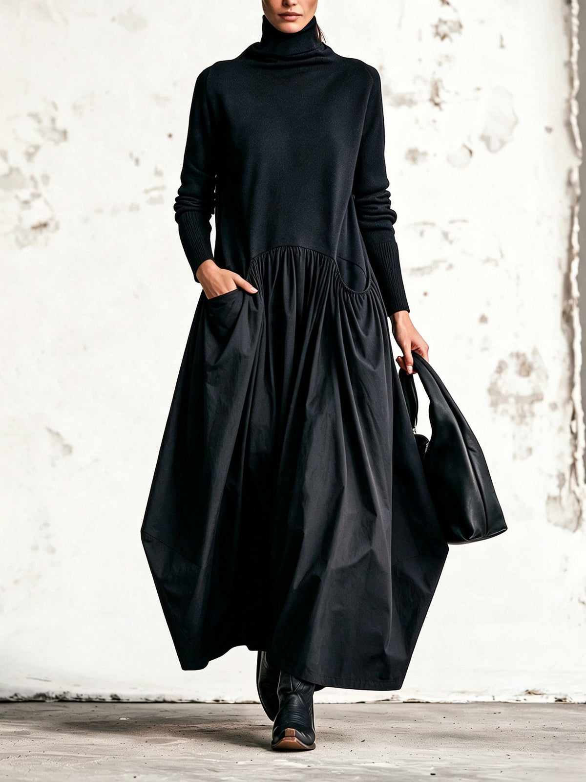 Ilaria | Abito Maxi Oversize a Collo Alto con Tasche