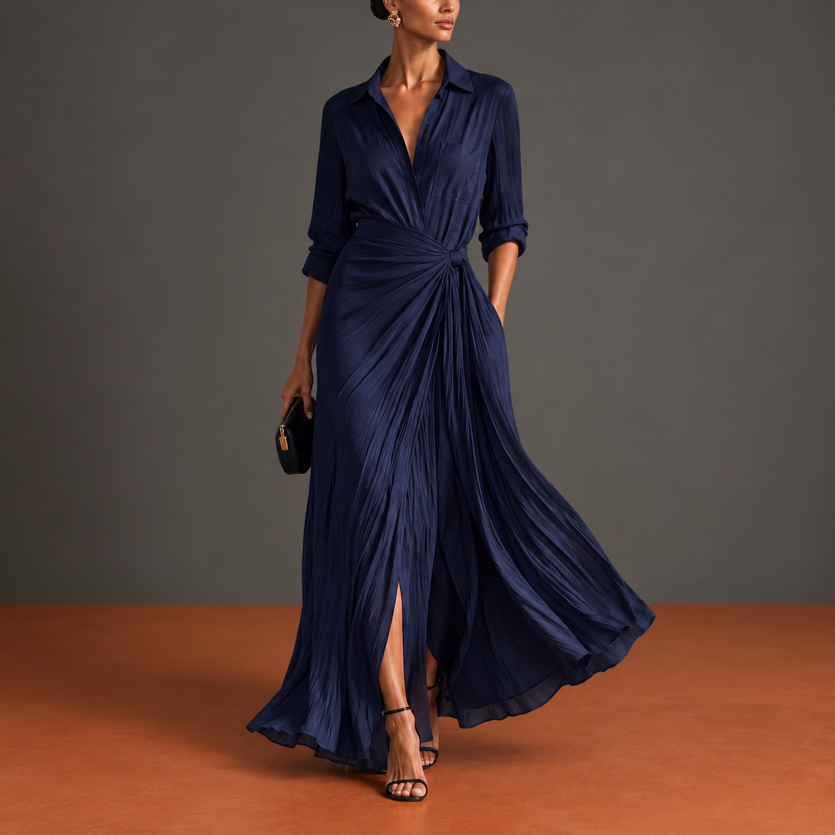 Allegra | Abito Chemisier Maxi con Nodo in Vita, Blu Navy — sfondo grigio e terracotta