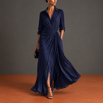 Allegra | Abito Chemisier Maxi con Nodo in Vita, Blu Navy — sfondo grigio e terracotta