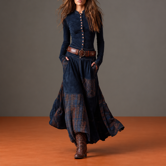 Azucena — abito maxi con cintura, sfondo grigio e pavimento terracotta