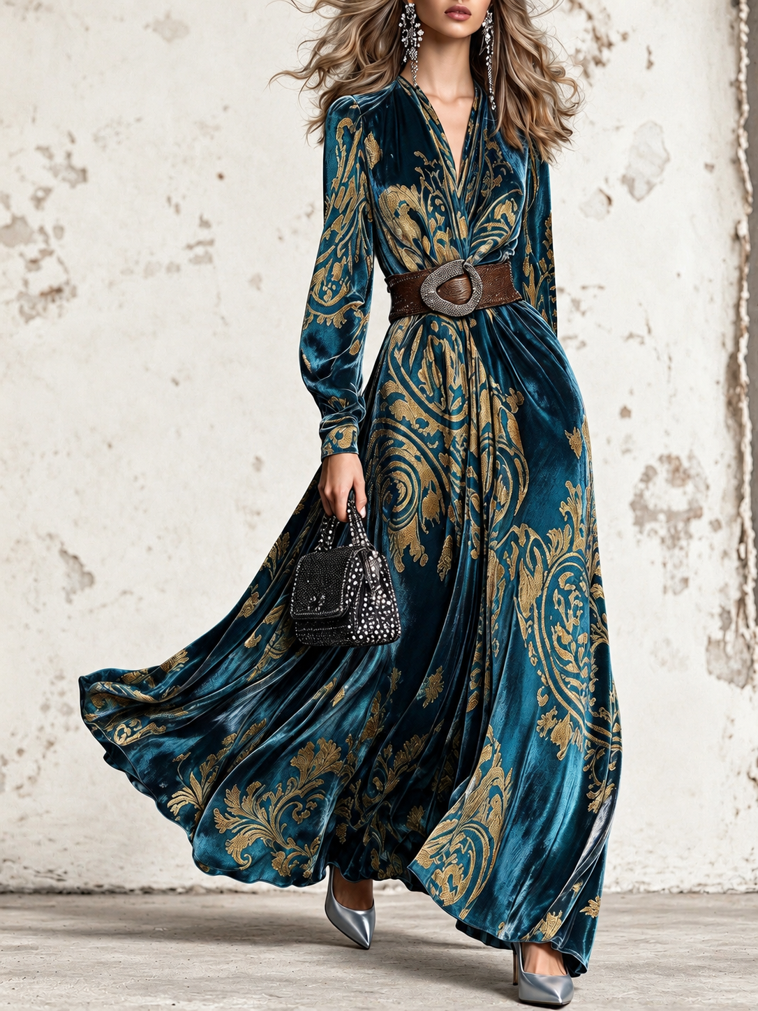 Barbara | Abito Maxi con Stampa Barocca Verde Petrolio e Oro