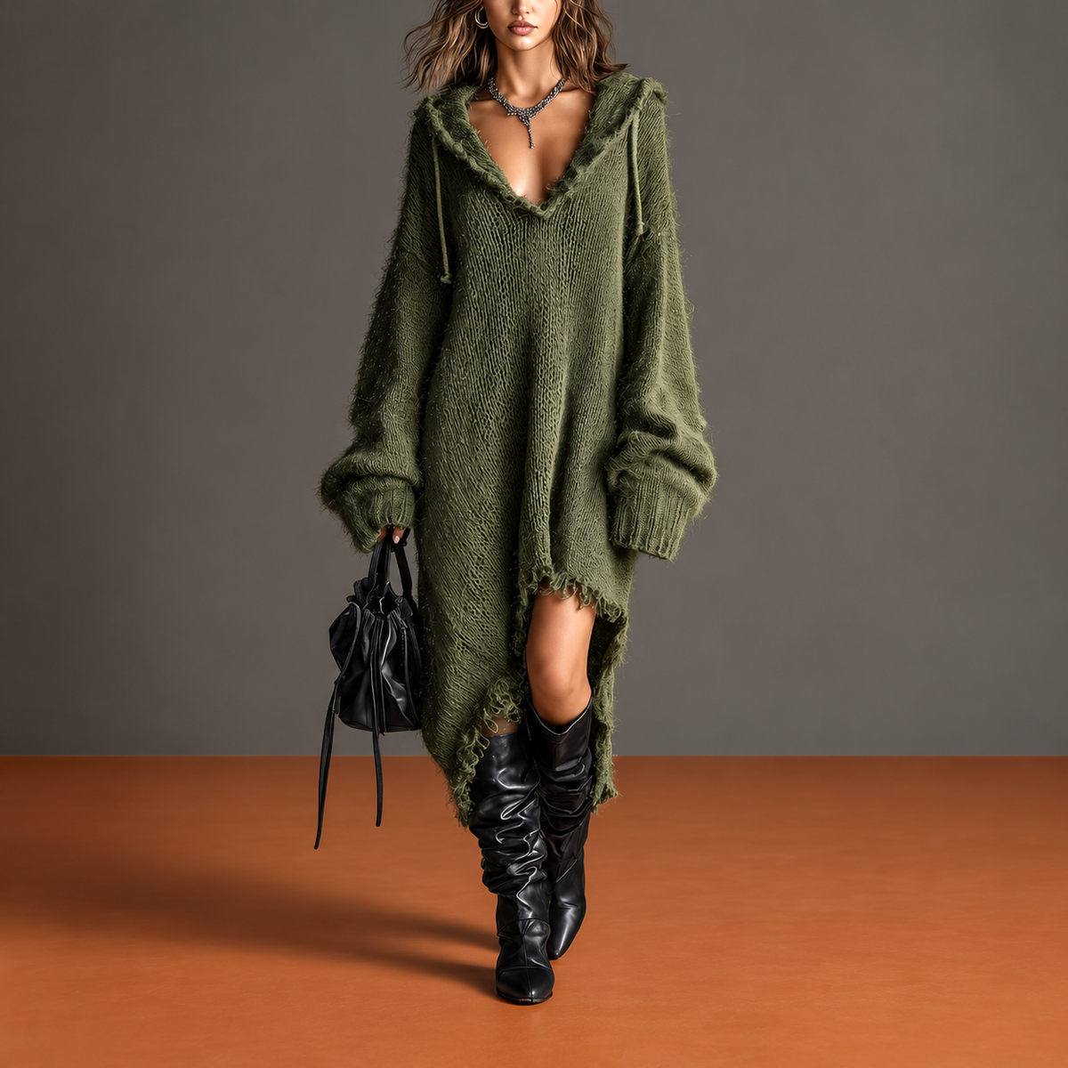 Bruna | Abito Midi in Maglia Morbida con Cappuccio — sfondo grigio e terracotta