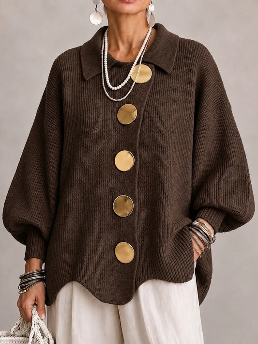 Graziella | Cardigan Oversize a Coste con Orlo Smerlato, Marrone Cioccolato