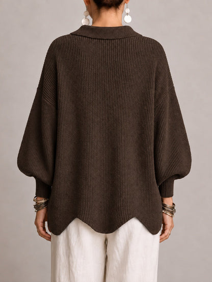 Graziella | Cardigan Oversize a Coste con Orlo Smerlato, Marrone Cioccolato