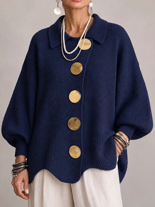 Milena | Cardigan Oversize a Coste con Orlo Smerlato, Blu Navy
