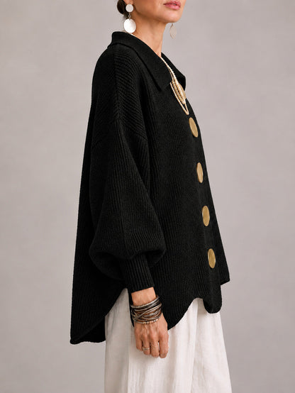 Maddalena | Cardigan Oversize a Coste con Orlo Smerlato, Nero