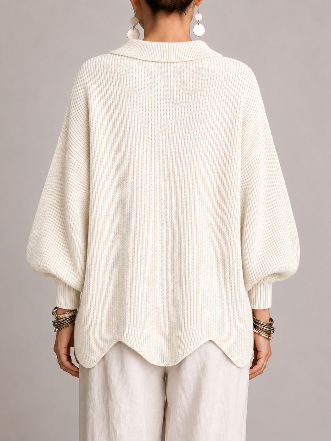 Gemma | Cardigan Oversize a Coste con Orlo Smerlato, Avorio