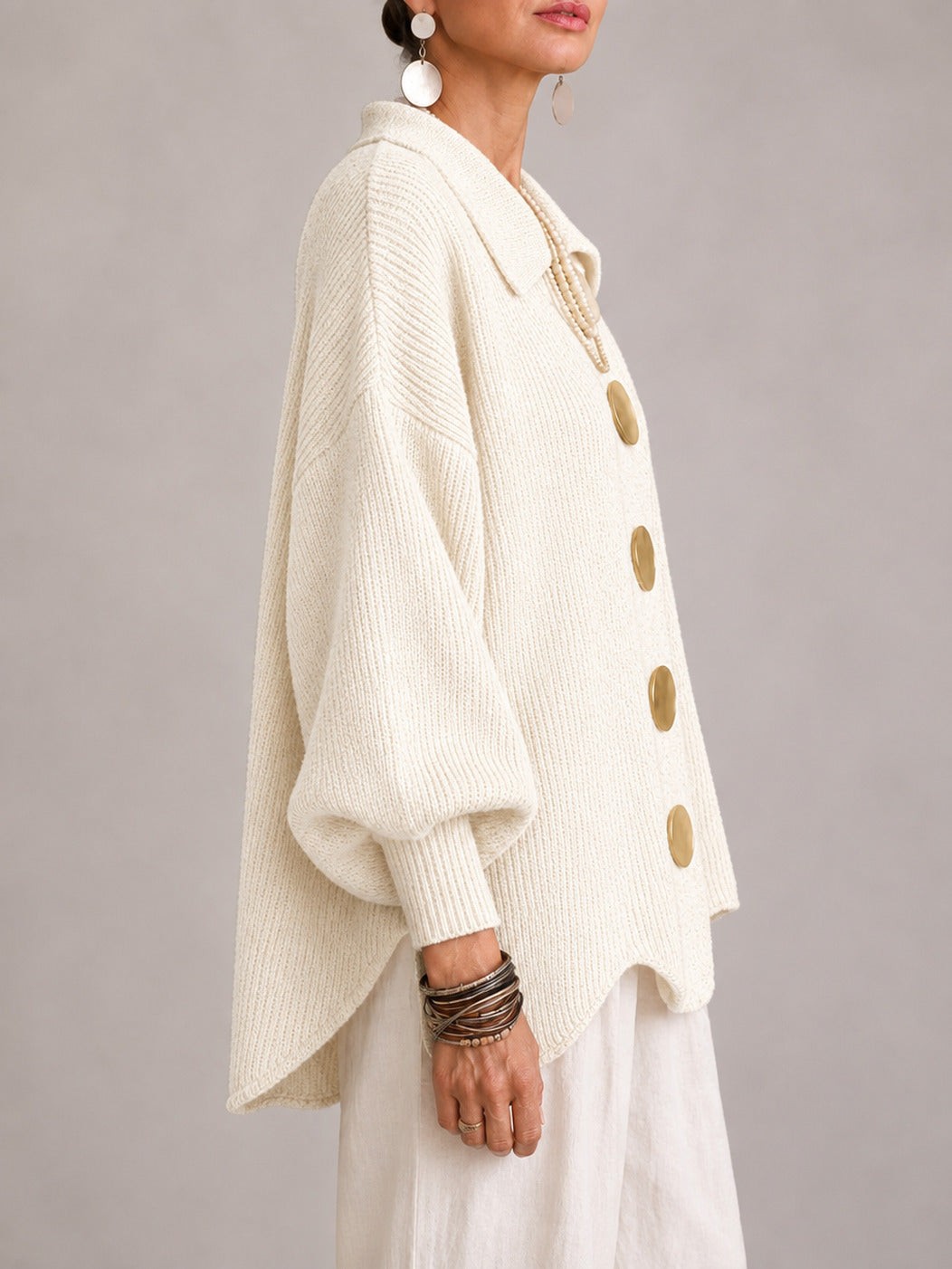 Gemma | Cardigan Oversize a Coste con Orlo Smerlato, Avorio