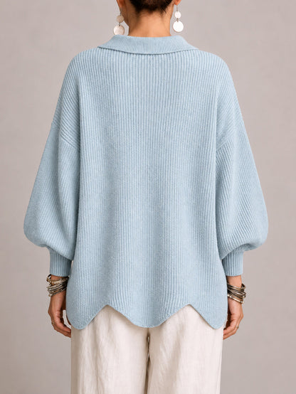 Oriana | Cardigan Oversize a Coste con Orlo Smerlato, Azzurro Polvere