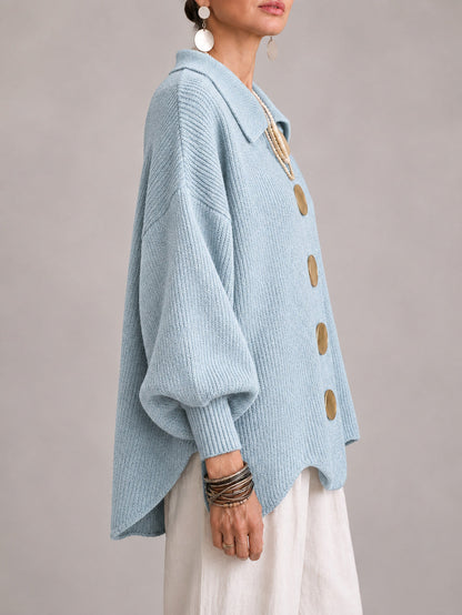 Oriana | Cardigan Oversize a Coste con Orlo Smerlato, Azzurro Polvere