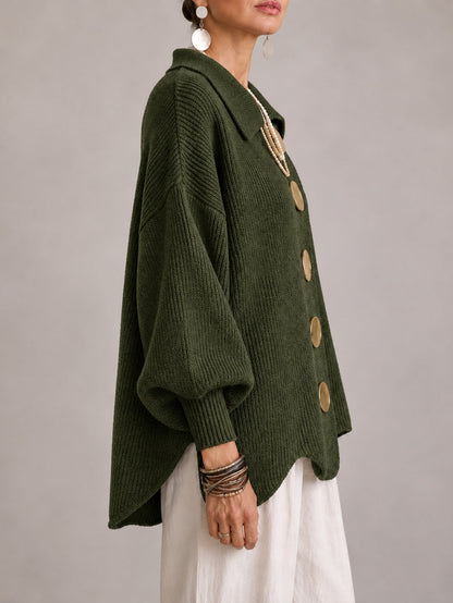 Elvira | Cardigan Oversize a Coste con Orlo Smerlato, Verde Oliva