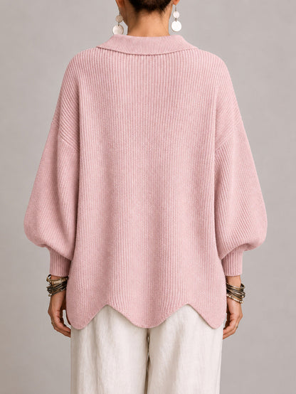Clelia | Cardigan Oversize a Coste con Orlo Smerlato, Rosa Cipria
