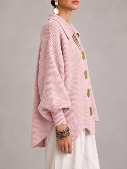 Clelia | Cardigan Oversize a Coste con Orlo Smerlato, Rosa Cipria