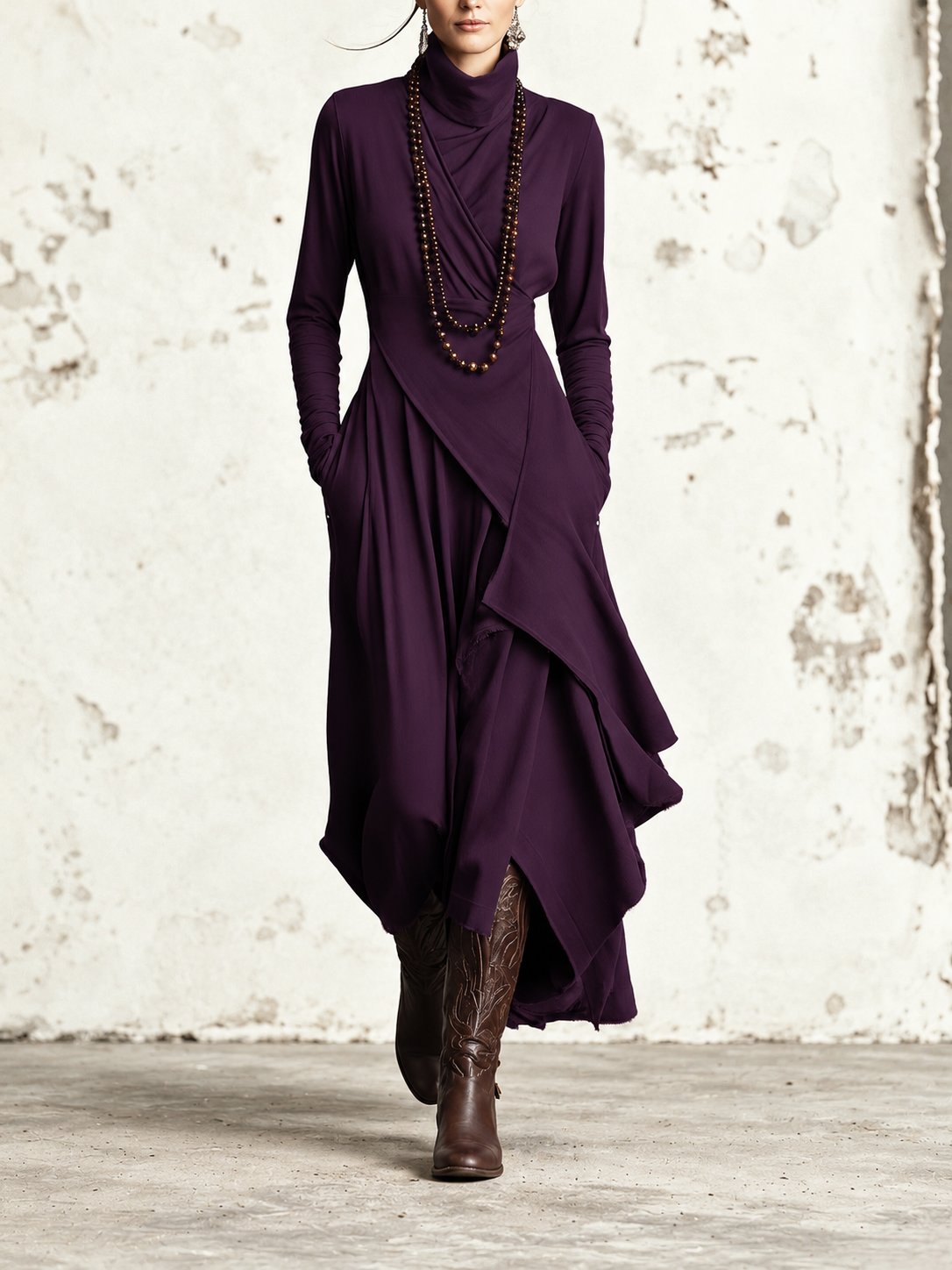 Diletta | Bohème-Maxikleid aus Baumwolle mit Stehkragen und asymmetrischem Drapé