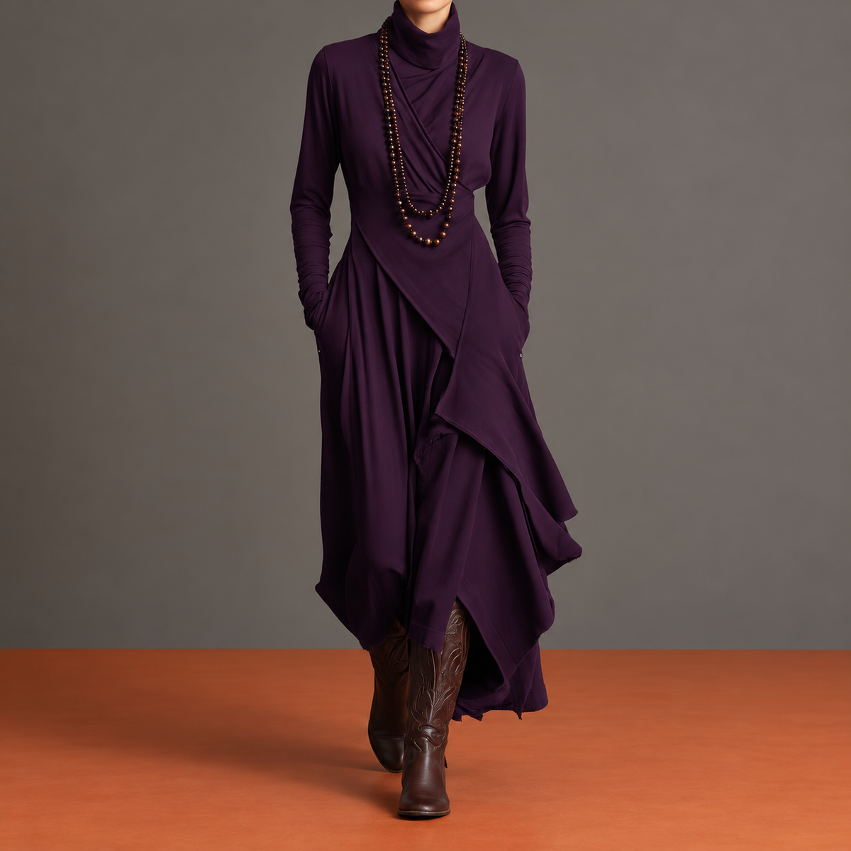 Diletta, abito viola con drappeggio asimmetrico, vista frontale